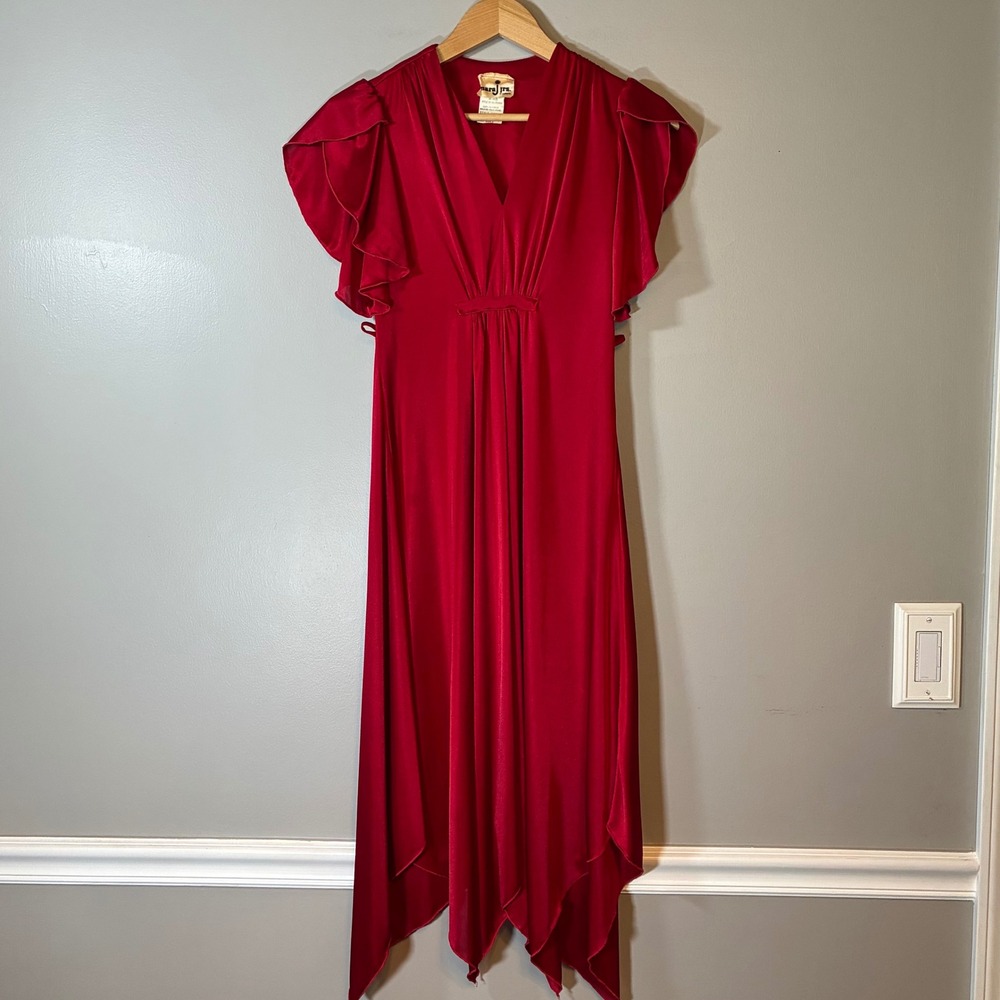 Vintage Mara J Jrs Red Handkerchief Hem Midi Dress Flutter Sleeve V-Neck Size 9